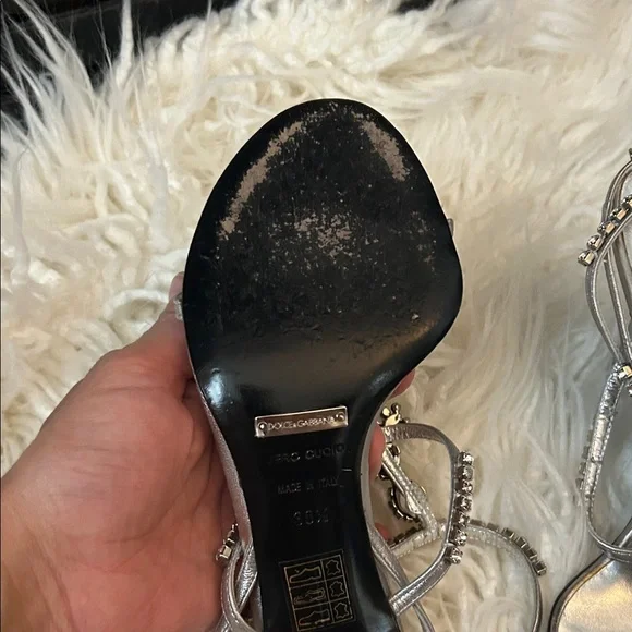 Dolce & Gabbana Silver Jeweled T-Strap Sandals with Green and Red Crystals 8.5 - Picture 5 of 8